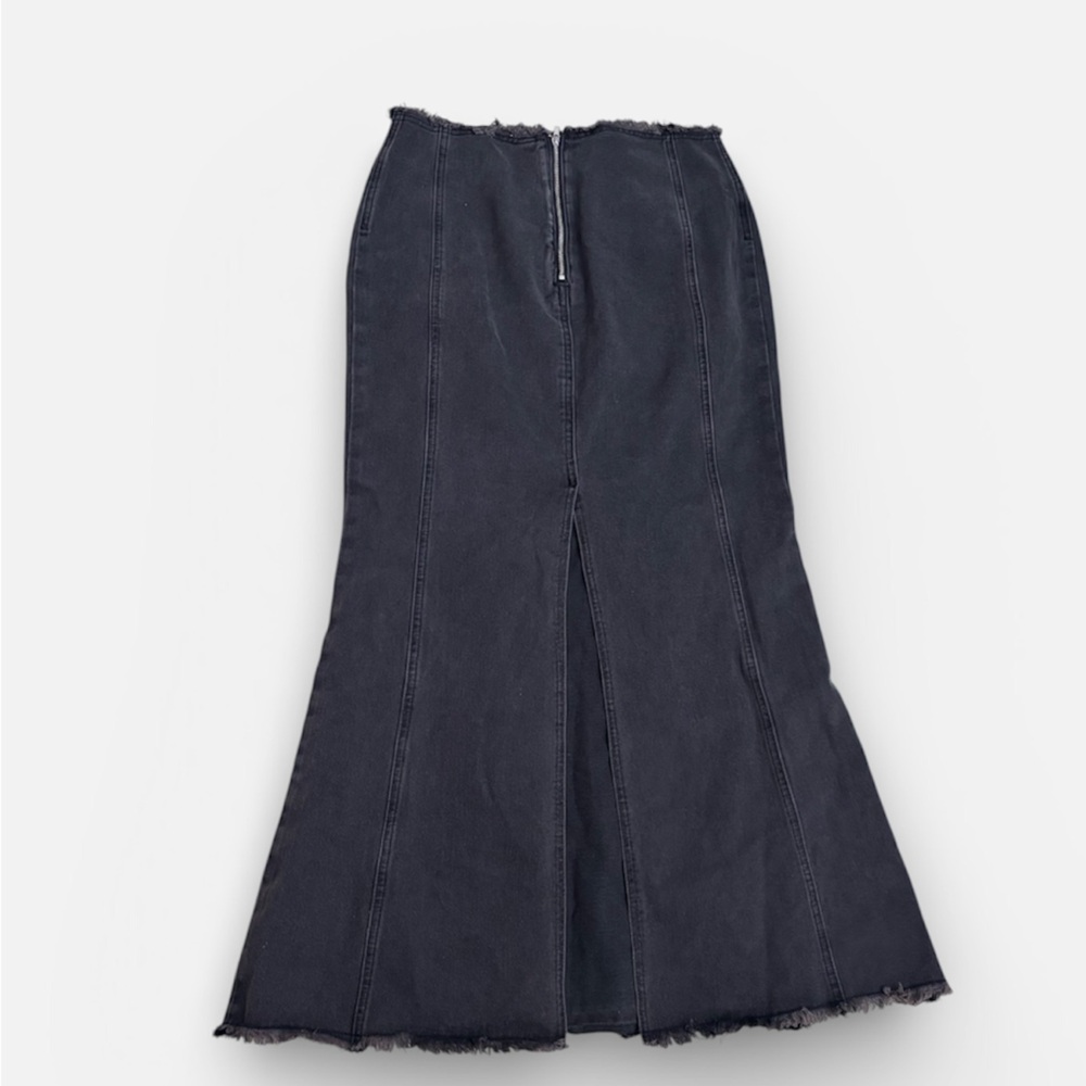 Cider NWT Black Frayed Denim Mermaid Maxi Skirt with Front Slit, Large